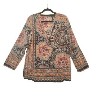 Johnny Was 100% Cotton Blouse Size Large Floral Boho Festival Lightweight V-Neck